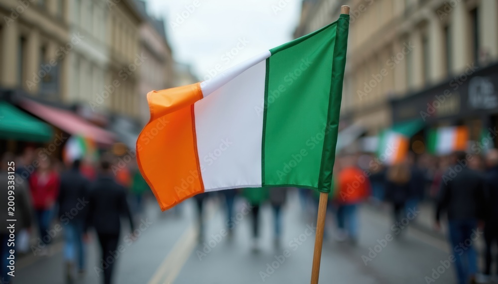 Fototapeta premium Irish flag with orange white and green vertical bands. People walk on a city street in blurred background, celebrating national holiday. Symbol of Ireland national pride and heritage.
