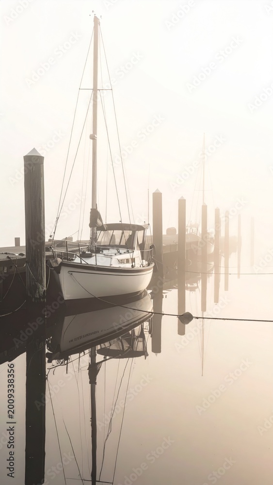 Fototapeta premium Sailboat Moored Pier Misty Morning Calm Water Reflection Serene Atmosphere