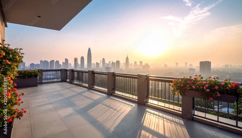 Obraz premium Balcony Overlooking City Skyline at Sunrise with Blooming Flowers and Sunlight Rays