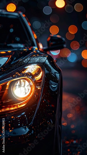 Close-up of a sleek black car headlight glowing orange with bokeh lights in the background at night