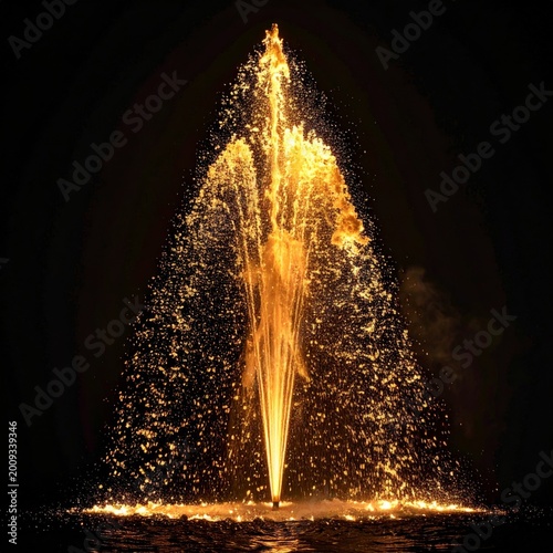 Golden Water Fountain Erupting Sparkling Fire Sparks Against Dark Night Sky