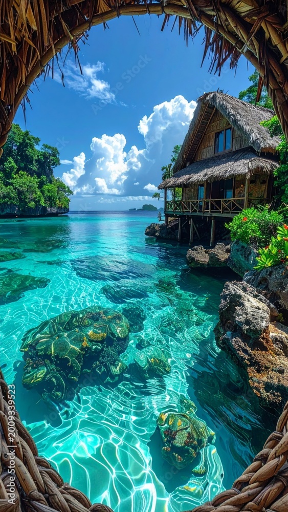 Fototapeta premium Tropical Island Bungalow Over Turquoise Water Lush Greenery Vivid Blue Sky