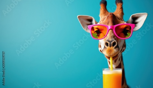 Funny giraffe with pink sunglasses drinks orange juice through yellow straw. Animal enjoys beverage against bright blue background. Vacation refreshment concept.