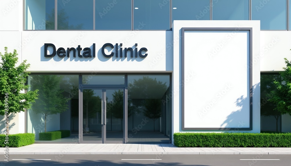 Fototapeta premium Modern dental clinic exterior with clean facade and glass doors. Features a large blank signboard for custom branding or announcements. Green trees and manicured bushes surround the building.