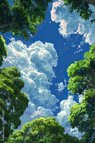 Illustrated scene looking up through dense green tropical forest toward bright sky