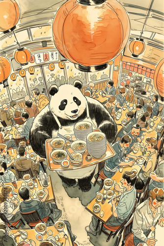 Loose watercolor painting of cats dining inside a traditional Japanese izakaya bar