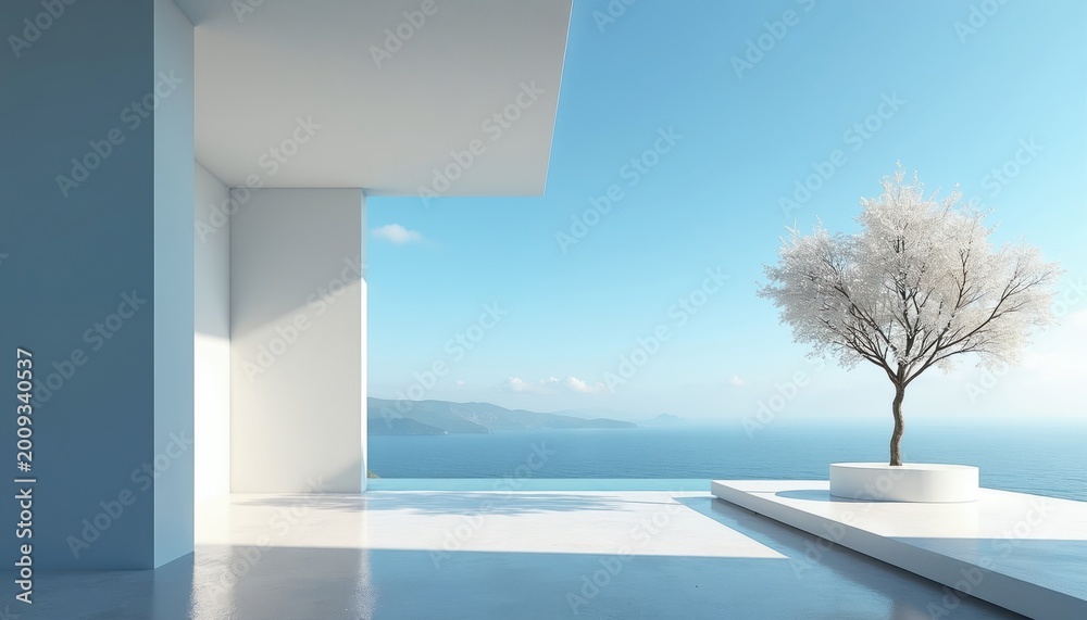 Fototapeta premium Minimalist white terrace with sea view. Single tree stands on platform. Bright sunlight casts shadows. Calm ocean and distant hills under clear blue sky.
