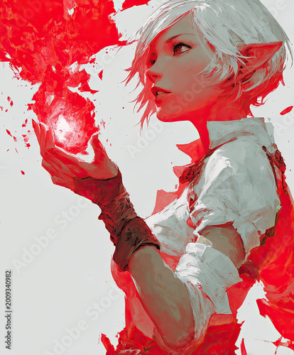 Painterly illustration of a white-haired elf mage conjuring a glowing red fire orb