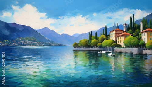 hand drawn gouache painting of lake como scenery landscape painting with blue water