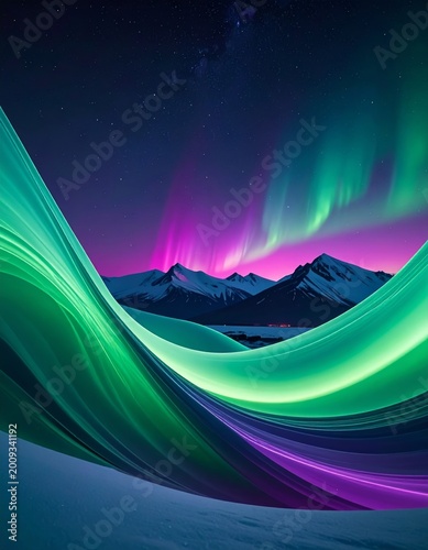 Vibrant Aurora Borealis Dances Above Snow Capped Mountains Under Starry Night Sky