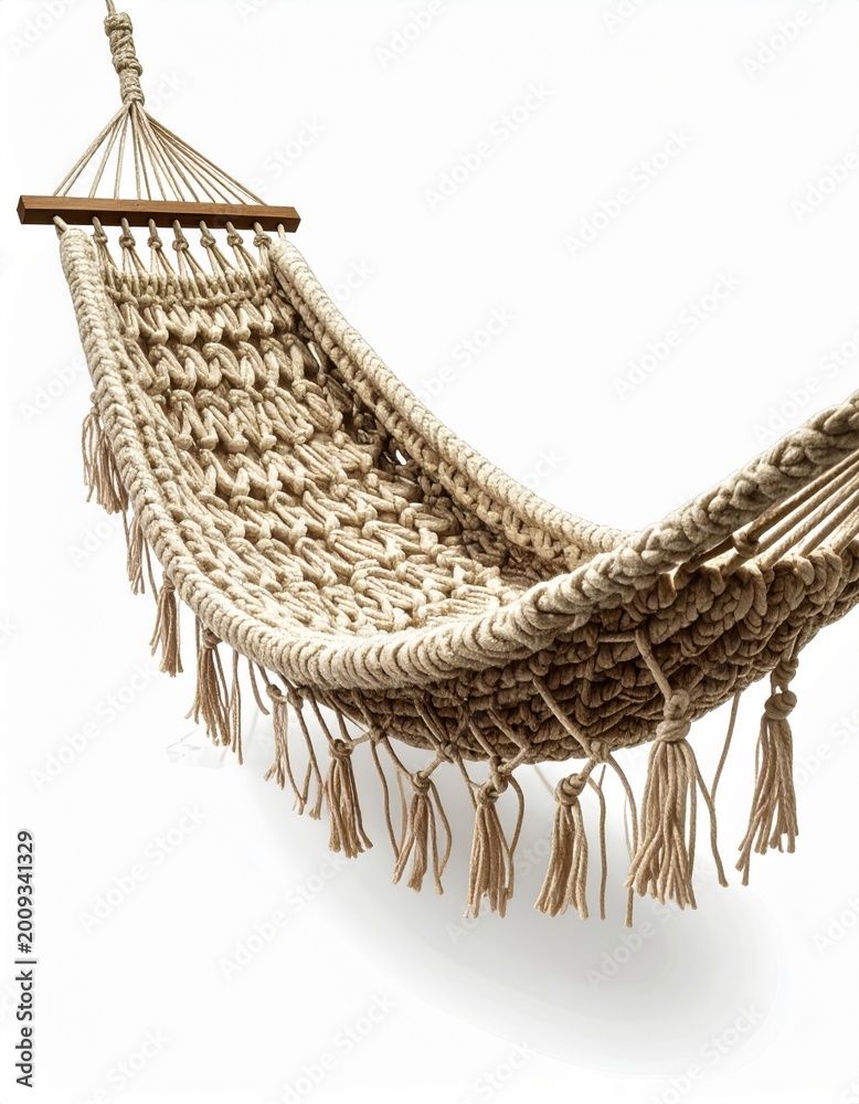 Obraz premium Handwoven macrame hammock in neutral beige tones with tasseled edges isolated on white