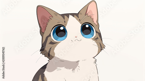 Anime-style illustration of an adorable tabby kitten with big blue eyes looking up