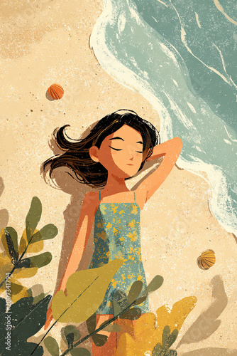 Illustrated young woman relaxing on a sunny beach in a colorful summer vacation scene