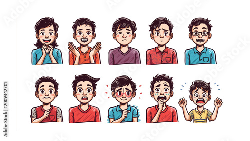 Tableau sur toile Expressive Human Emotions: A set of diverse individuals showcases a spectrum of emotions through distinct facial expressions and body language, reflecting the breadth of human experience