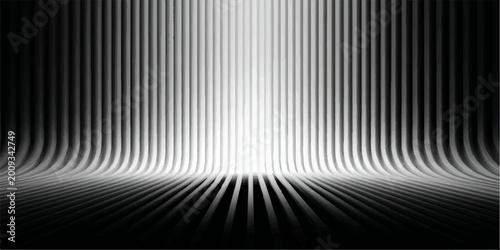 Tableau sur toile Abstract, geometric lines that creates a visual illusion of depth, the image features vertical stripes in varying shades of gray and white, creating a sense of dynamic flow