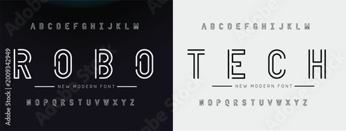 Foto Futuristic font digital alphabet, hi-tech technology style letters A, B, C, D, E