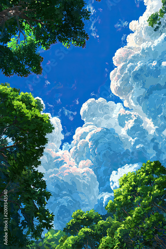 Anime-style upward view through lush green forest canopy with dramatic cloudy sky