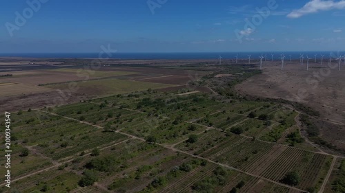 Aerial Panning Shot of a Wind Farm Near Kavarna, Bulgaria During the Day