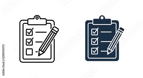 Blue and gray of a checklist inside a clipboard with a pencil
