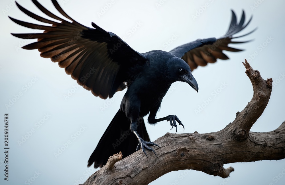 Naklejka premium Black crow bird lands on dry branch, spreads wings wide. Feathers show texture, detailed claws grip wood. Animal in natural habitat, looks alert on sky background.