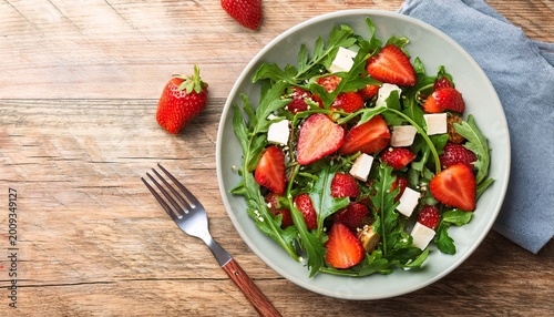 overhead view of a vegetarian salad with strawberries tofu and arugula on wood background summer lunch concept