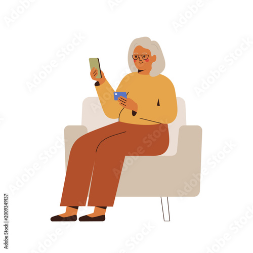 happy senior woman paying by credit or debit card via mobile phone. Grandmother buying online food or goods. web shopping concept. Vector illustration