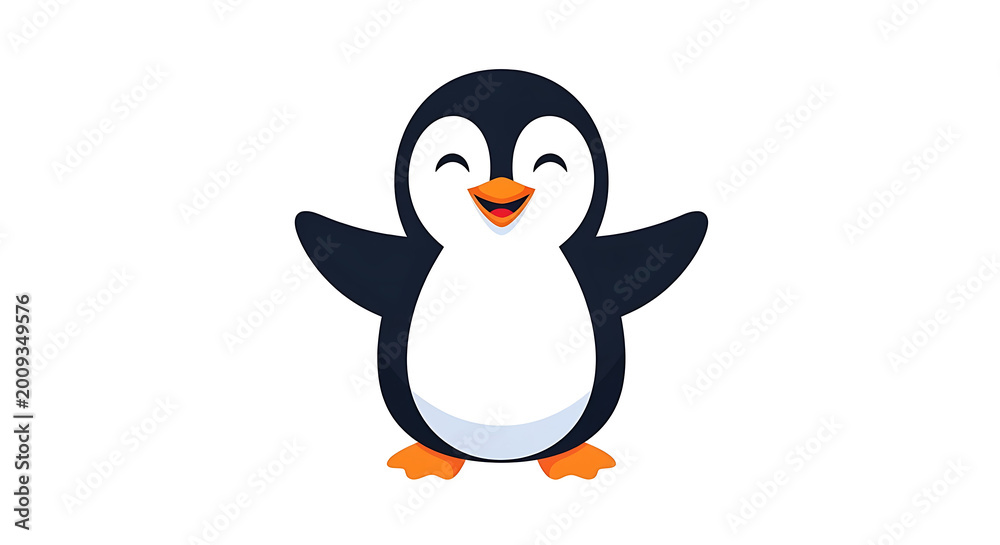 Obraz premium Cute cartoon penguin with orange beak and feet, flat style bird black