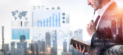 Foto A business professional examines data trends in finance, surrounded by modern city skyline, blending analytics with urban professional life and decision-making insights