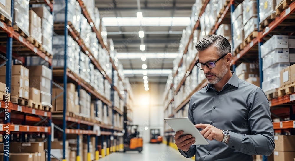 Fototapeta premium Professional warehouse manager using a digital tablet for inventory management.