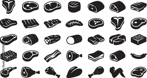 Billede på lærred Collection of raw meat cuts and steak icons for butcher shop or restaurant menu design