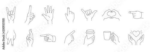 Obraz na plátne Hand gestures line art collection different hand positions and actions drawing w
