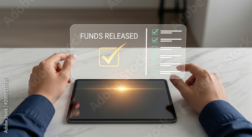 Digital funds released notification on tablet screen, online banking transaction approval interface, financial payment confirmation and money transfer