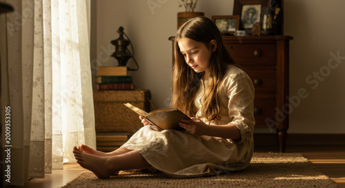 Woman reading a book in the living room relaxing young