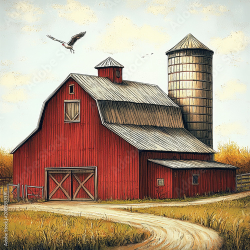 Red barn and silo digital old vintage illustration landscape scenery element
