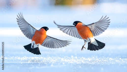 Two vibrantly colored birds in mid-air, wings spread wide, appearing to take flight against a snow-covered backdrop. Bright colors dominate the composition