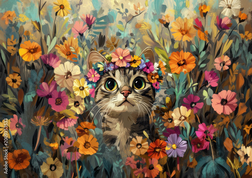 A gray tabby cat with big eyes wearing colorful flower crowns, surrounded by vibrant flowers in an animated style