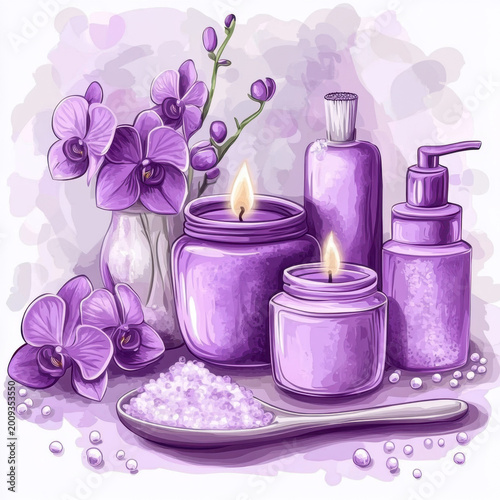 A cute line art drawing of purple spa items like jars, candles and orchid flowers, clipart