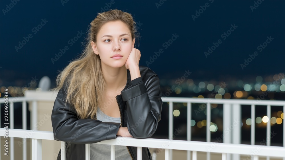 Fototapeta premium Beautiful young woman leaning on a white balcony railing at night, surrounded by a peaceful urban atmosphere with blurred city lights and beautiful bokeh in the background.
