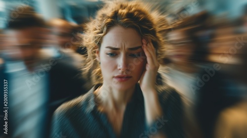 Stressed young woman touching her forehead, experiencing a severe headache, panic attack, or anxiety in a busy crowded place. Mental health, burnout, sensory overload, and stressful urban lifestyle.