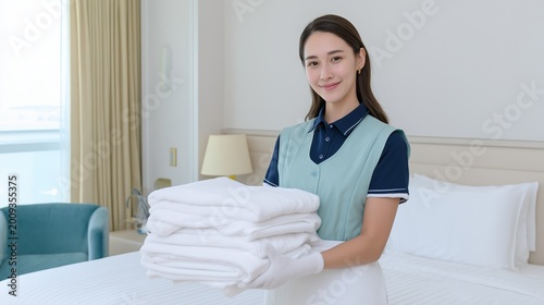 Young Asian woman in a hotel housekeeping uniform organizing fresh linens in a bright suite, clean minimal interior with soft natural light.