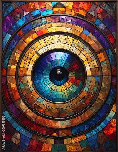 Central Eye Motif In Colorful Stained Glass Style With Vibrant Concentric Circles And Geometric Mosaic Patterns In A Radiant Symmetrical Design
