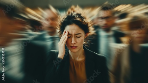 Stressed young woman touching her forehead, experiencing a severe headache, panic attack, or anxiety in a busy crowded place. Mental health, burnout, sensory overload, and stressful urban lifestyle.