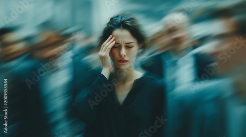 Stressed young woman touching her forehead, experiencing a severe headache, panic attack, or anxiety in a busy crowded place. Mental health, burnout, sensory overload, and stressful urban lifestyle.