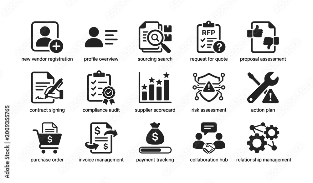 Fototapeta premium Vendor and procurement icons arranged in grid on white background