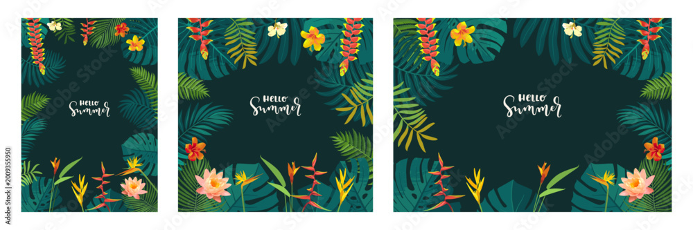 Fototapeta premium Set of vector Hello Summer tropic jungle flyer, poster, banner templates. Calligraphic summer design. Monstera, hibiscus, bird of paradise flowers, tropical leaves bg. Dark tropical frame backgrounds
