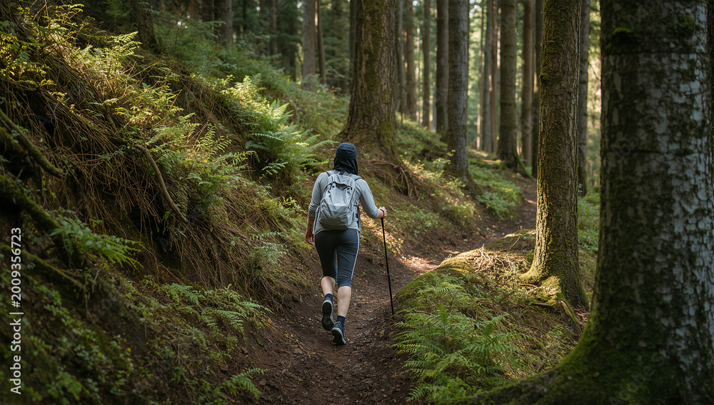 Obraz premium 朝の森の登山道で日本人女性がリュックを背負って歩いている
