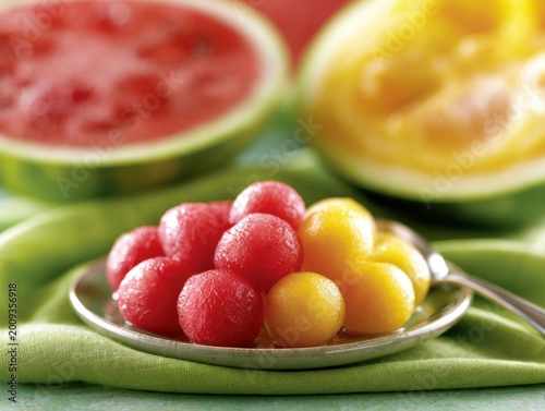 Fresh watermelon balls in red and yellow on plate with spoon, styled with halved fruits and green cloth, bright summery composition with juicy healthy snack vibe.