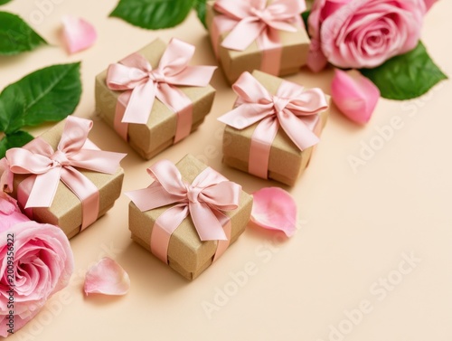 Elegant gift boxes with pink satin ribbons and fresh roses on beige background, delicate romantic composition perfect for celebration, birthday or anniversary theme.