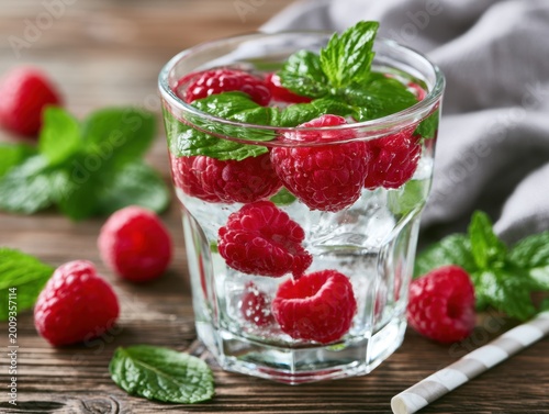 Refreshing summer drink with raspberries and mint in a clear glass, styled on a wooden surface with scattered berries, striped straw, and soft cloth for a fresh vibrant feel.