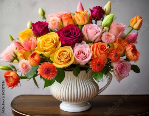 a vibrant bouquet of roses and other spring flowers in shades of pink red orange and yellow is arranged in an ornate white vase
